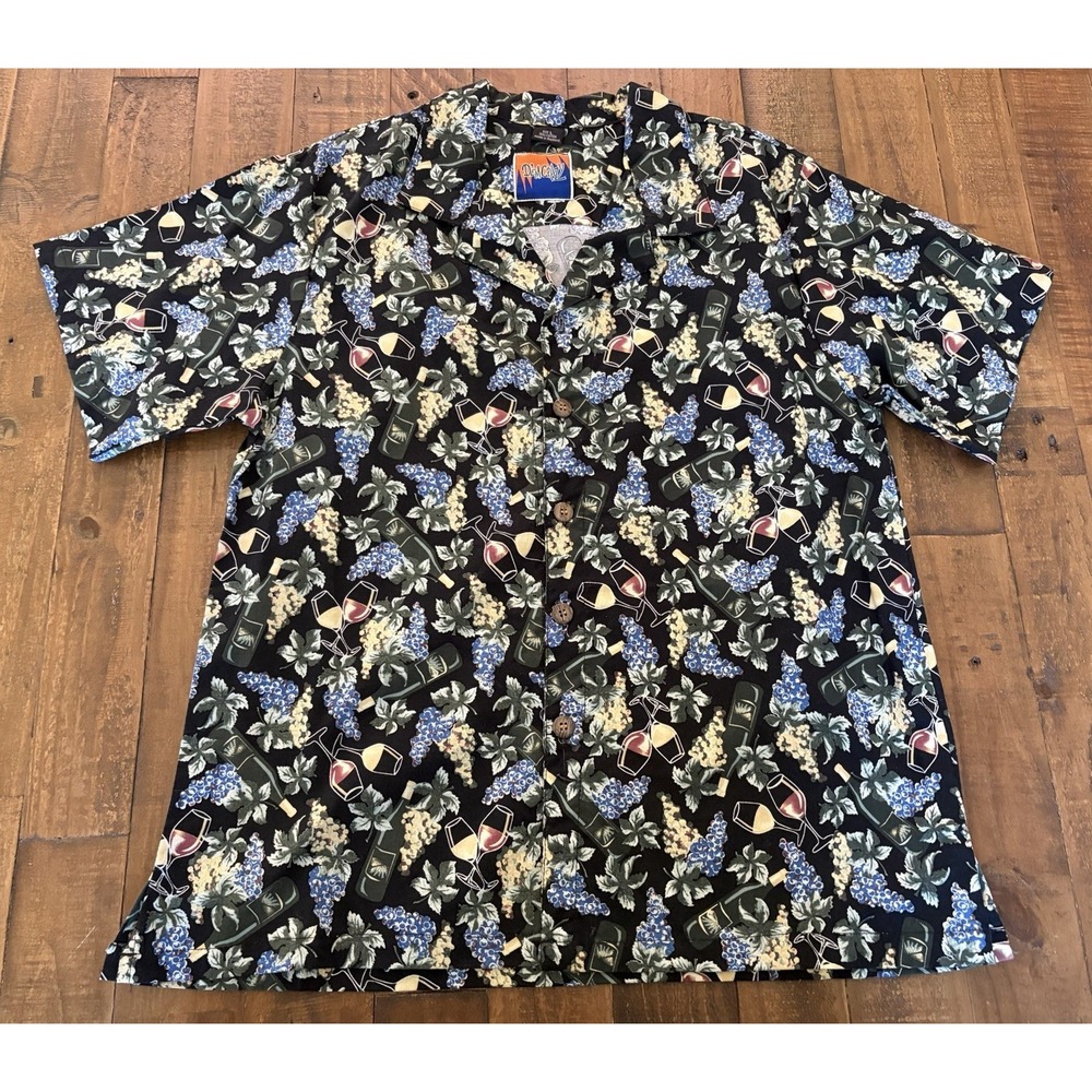 D'em Crazy Women's L Hawaiian Shirt Black Wine Grapes Bottles 100% Cotton